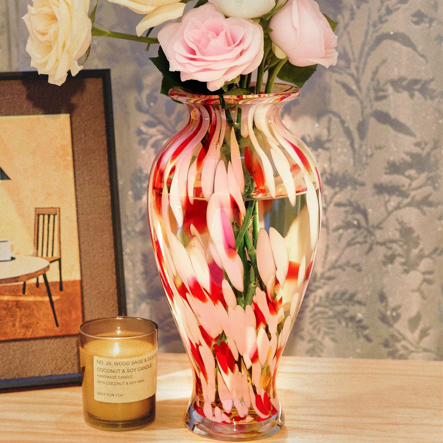 Hand Blown Glass Vase for Flowers Crystal Vases for Bouquet Home Decor Decorative Centerpieces Unique Gift for Christmas Valentines Day Birthday Housewarming Mothers Day