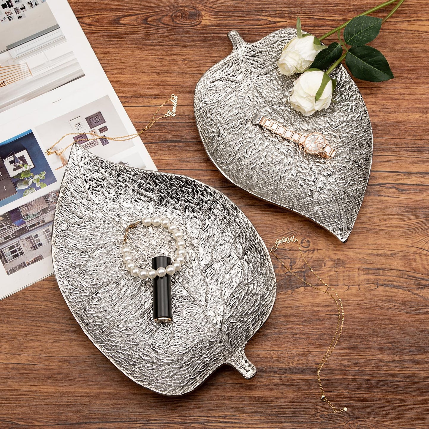 Oversized Leaf-Shaped Ceramic Jewelry Tray, 14.7" Extra Large Decorative Tray Silver Vanity Trays for Rings, Necklaces, Keys, Gifts for Mom, Coffee Table & Entryway Table Trays, 1 Pack