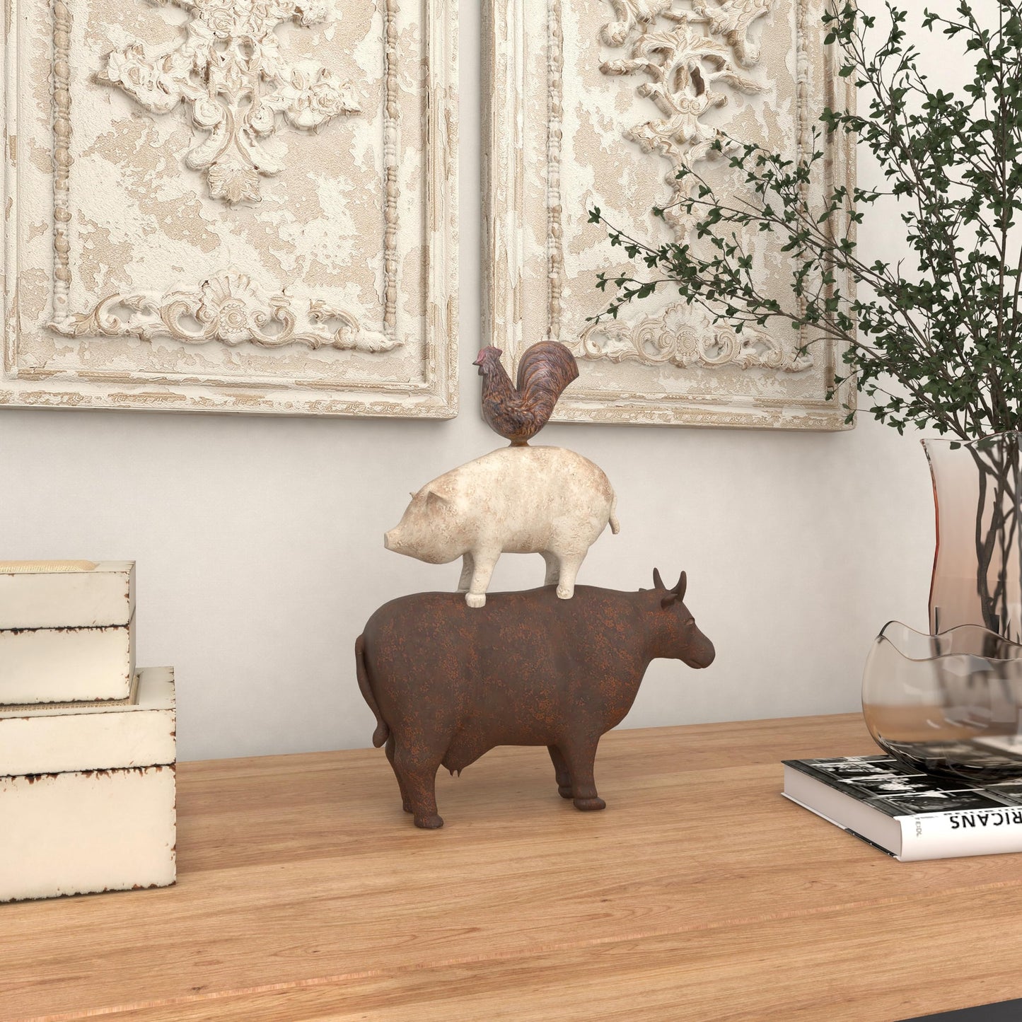 Deco 79 Polystone Farm Animals Decorative Sculpture Stacked Home Decor Statue, Accent Figurine 11" x 3" x 14", Brown