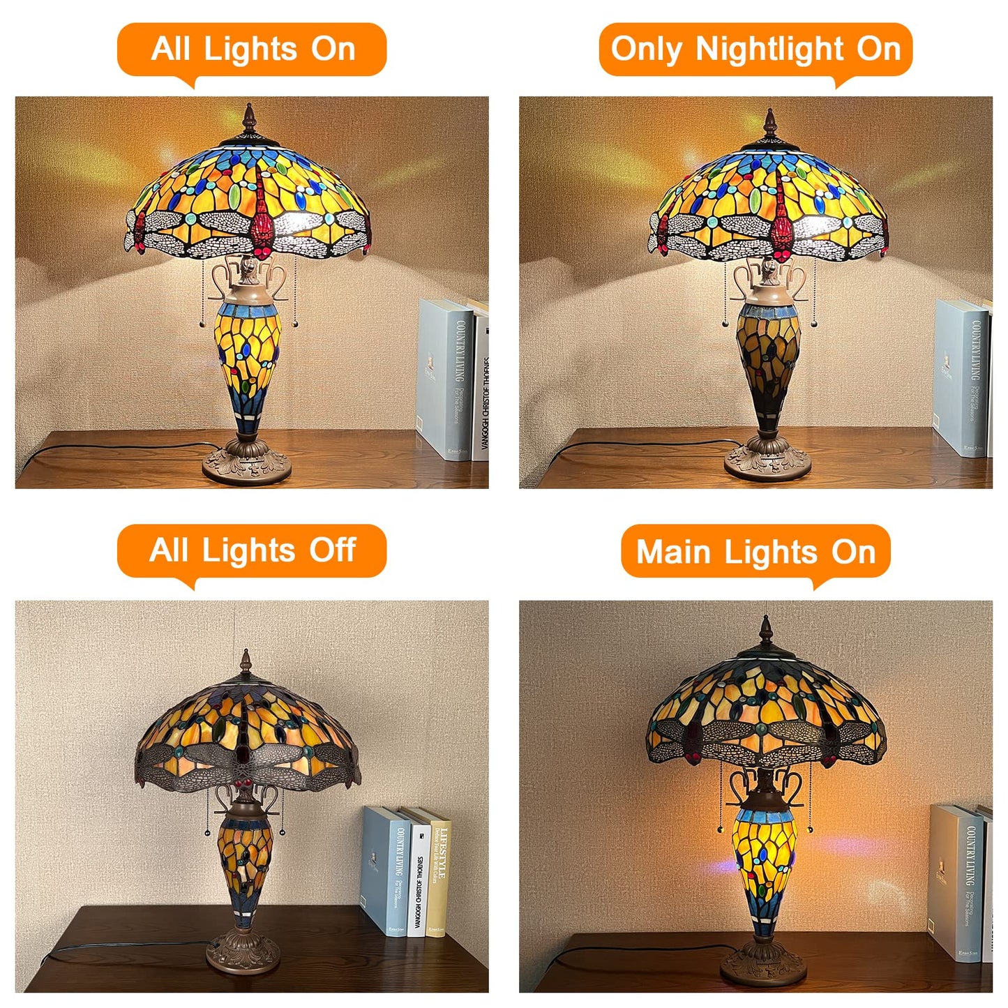 Capulina Tiffany Table Lamp Red Dragonfly Stained Glass Lamp 3-Light