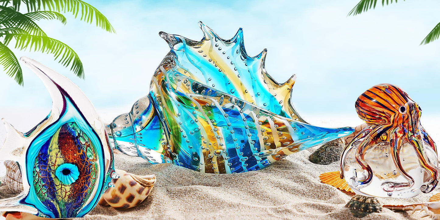 EUSTUMA Hand Blown Glass Conch Figurines Ornament,Sea Animal Ornament for Home Decor,Sea Animals Collection for Birthday Gift,Glass Seashell