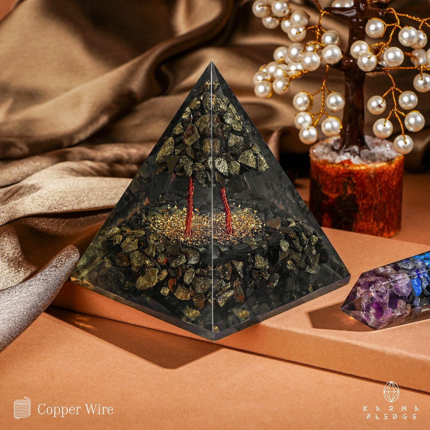 Chakra Healing Crystal Pyramid, Unique Birthday Gifts for Womens, Mom, Love One, Pyrite Tree of Life Orgonite Orgone Pyramid for Meditation, Balance, Positive Energy, Success, Office Décor