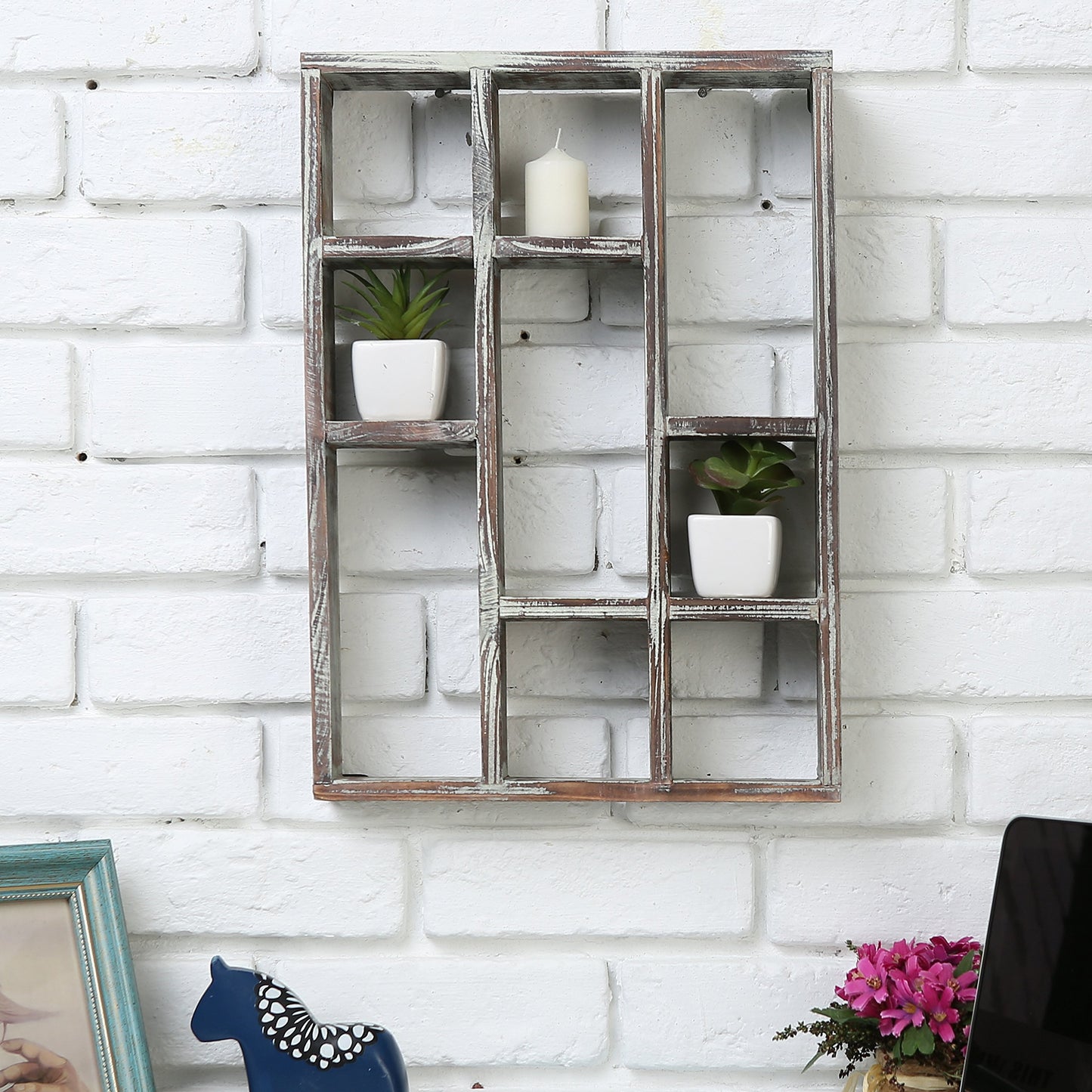 MyGift 9 Compartment Rustic Torched Solid Wood Shadow Box, Wall Mountable Curio Display Case, Freestanding or Floating Shelf for Collectible Figurines, Succulents