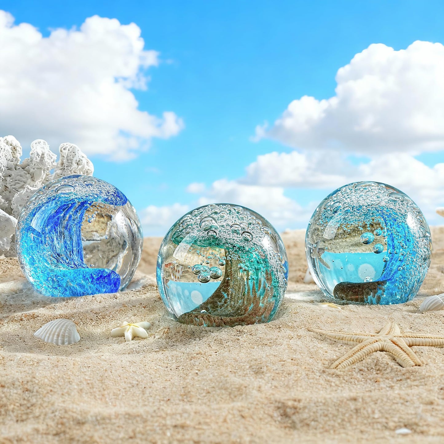 ZEERSHEE Hand Blown Ocean Wave Glass Ball, 2.3" Blue Glass Paperweight