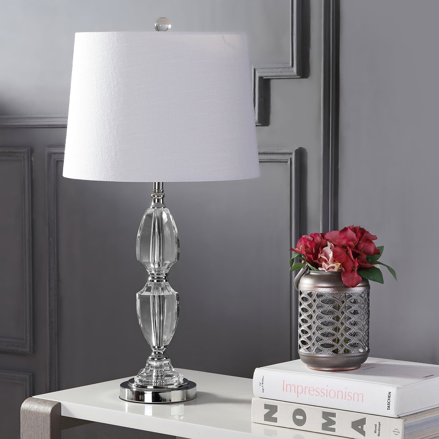 JONATHAN Y 27" Clear Crystal LED Table Lamp, Traditional French Country Chrome Nightstand Lamp with White Linen Drum Shade for Living Room, LED Bulb Included JYL2039A