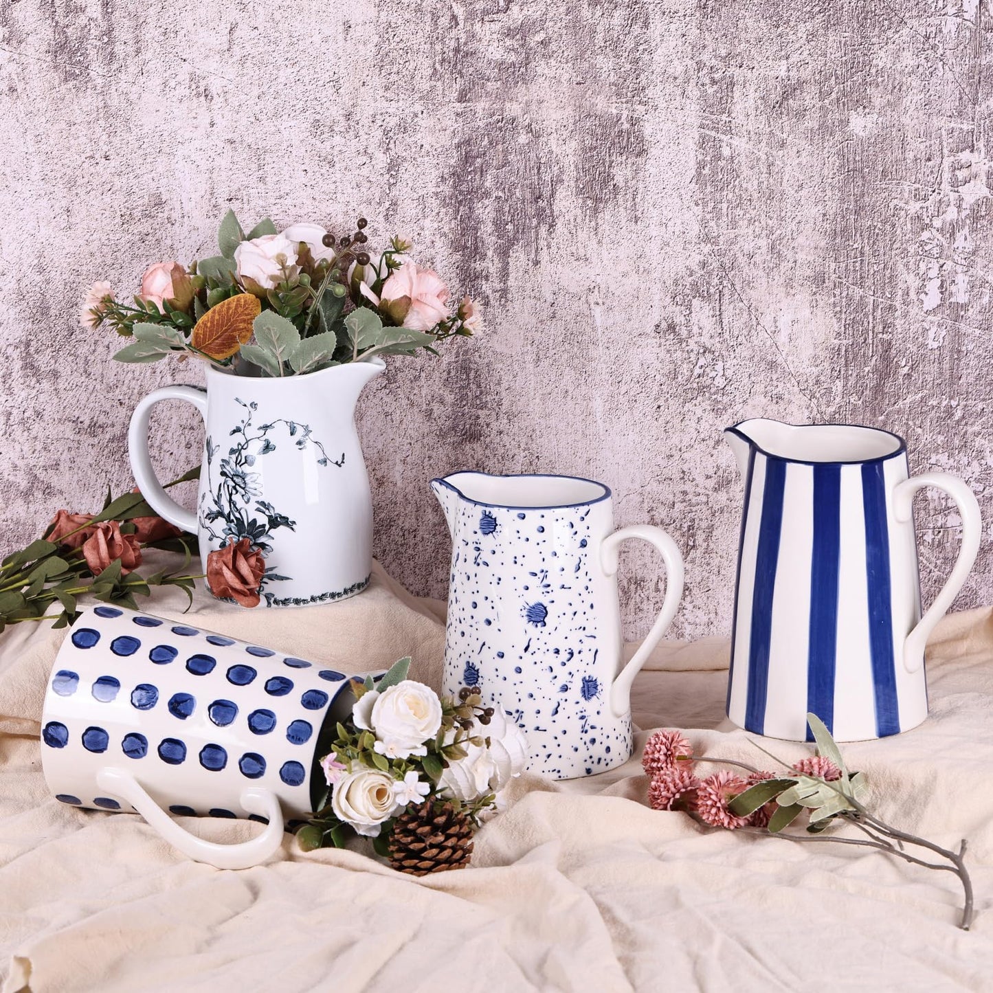 oliruim Ceramic Blue and White Pitcher Vase with Handle, Hand Painted Farmhouse Boho Pottery Jug for Decor Table Centerpiece, Kitchen, Home Desktop Decor Vase (Stripes)