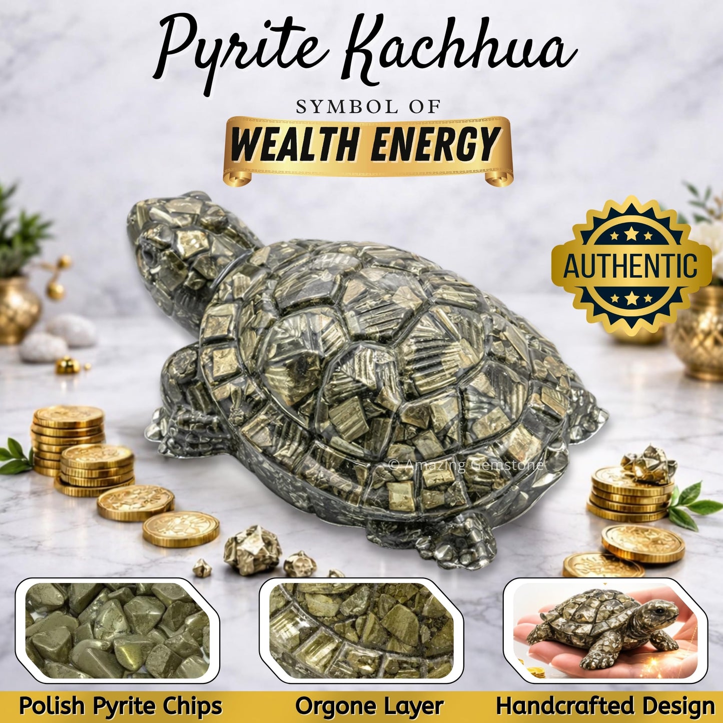 Amazing Gemstone Natural Pyrite Tortoise Turtle Figurine | Feng Shui Wealth & Good Luck Turtle | Prosperity & Positive Energy Crystal Healing Home Decor Gift