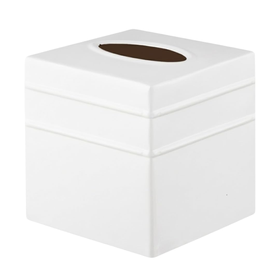Monarch Abode Tissue Box Cover Square – Handcrafted Border Embossed White Metal Tissue Holder Box for Bathroom Accessory, Aesthetic Decorative Facial Napkin Cube for Modern Home Decor