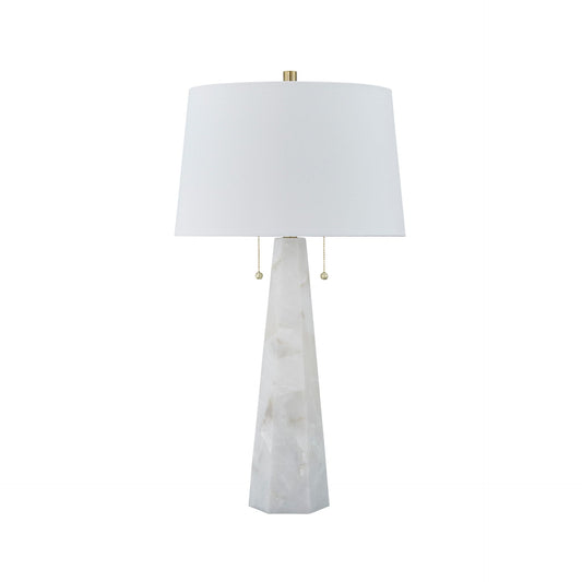 Signature Design by Ashley Laurellen Contemporary Table Lamp with 2 Sockets and Pull Chain Switch, Fabric Shade, Resin and Alabaster, 23.25" High, White