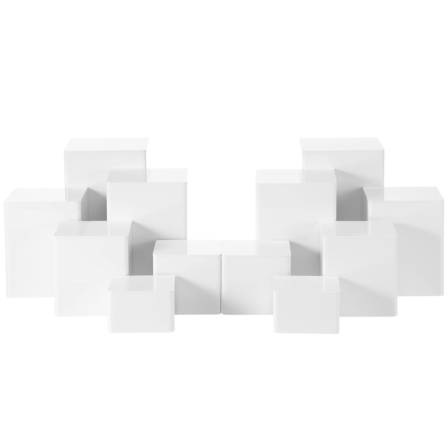 Thyle Jewelry Acrylic Risers Square Cube Display Nesting Risers Figure Stand with Hollow Bottoms Display Stand Shelf for Cosmetics Food Collectibles Perfume, 6 Sizes(White,12 Pcs)
