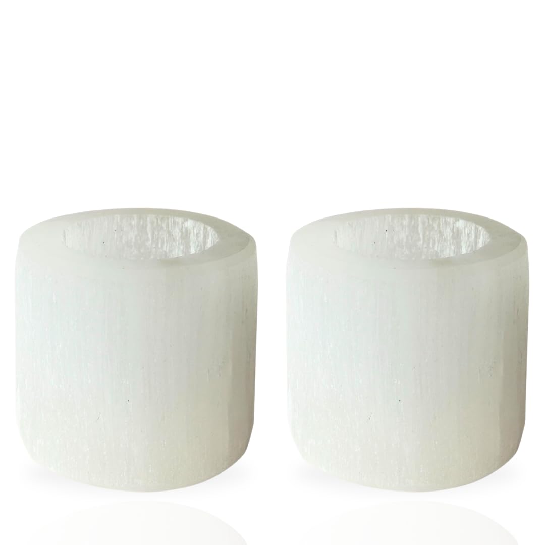 Selenite Tea Light Candle Holders Set of 2 – 2.5" Natural Moroccan Crystal Tealight Votive Cups – Reiki Energy Infused Raw Healing Crystals for Home Decor, Meditation Altars & Spiritual Gifts