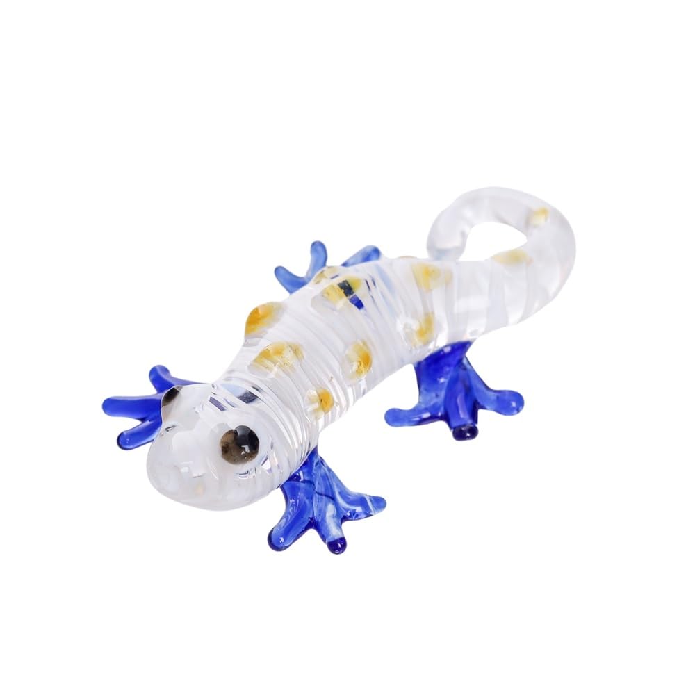 M Audomsak Hand-Blown Art Glass Gecko Figurine – Mini Yellow-Spotted Collectible with Blue Legs, Home Décor & Gift
