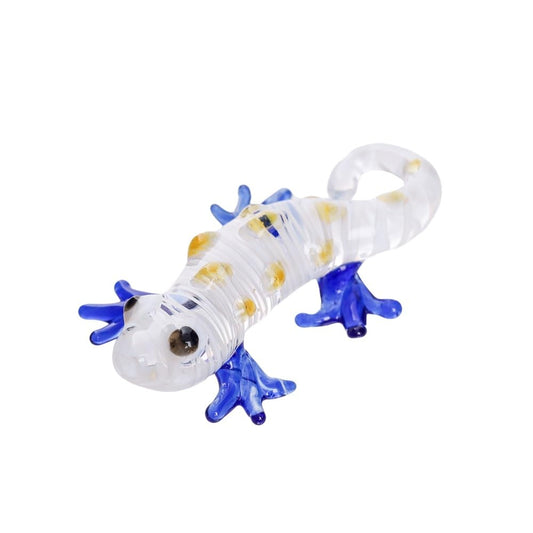 M Audomsak Hand-Blown Art Glass Gecko Figurine – Mini Yellow-Spotted Collectible with Blue Legs, Home Décor & Gift