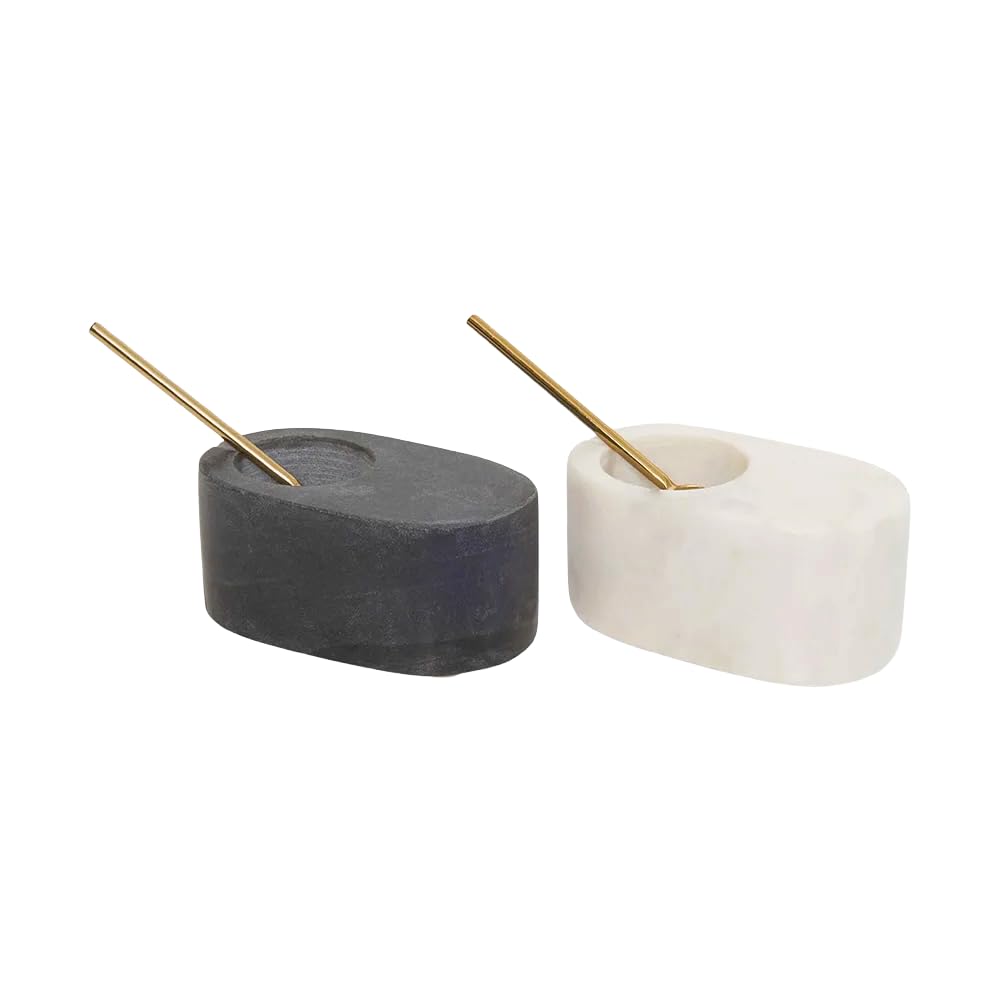 Cruiser’s Caché | Set of 2 Marble Salt Cellars with Gold Spoons | One Each White & Gray | For Gourmet Salts, Pepper, Spices & Seasonings | Large Oval