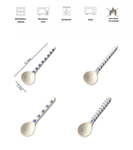 4-Pack - Ceramic blue and white Afternoon Tea, Coffee Whisk, Handmade Spoon,Pointed-head/Round-head handle coffee spoon, tea scoop for loose tea, Size 4.9 * 1.3 in（12.5 * 3.5 cm）