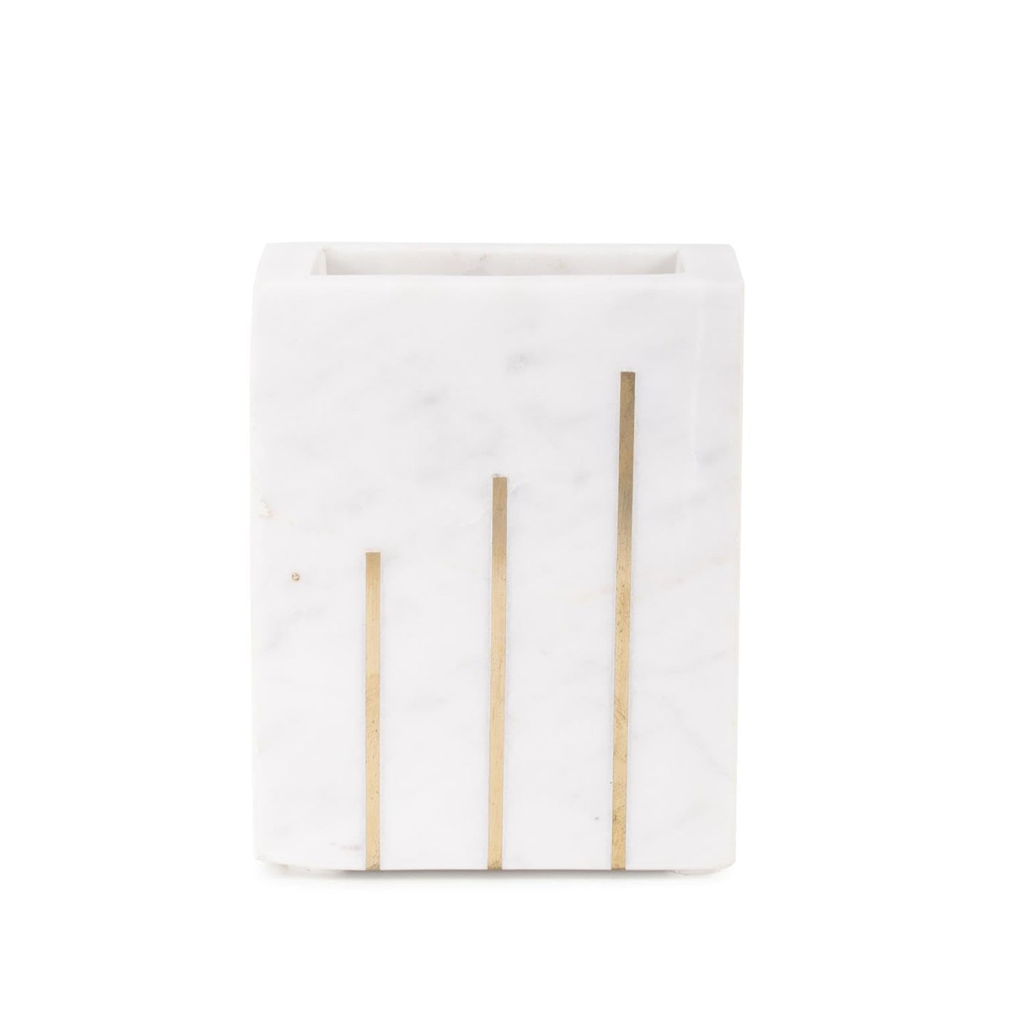 Howard Elliott Collection Brunner Marble Decorative Vase with Brass Inlay Accents, Rectangular Modern Flower Vase for Table, Shelf or Mantel Display, Water-Holding Design, 5x3x4 Inch, White Brass