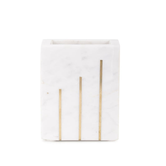 Howard Elliott Collection Brunner Marble Decorative Vase with Brass Inlay Accents, Rectangular Modern Flower Vase for Table, Shelf or Mantel Display, Water-Holding Design, 5x3x4 Inch, White Brass