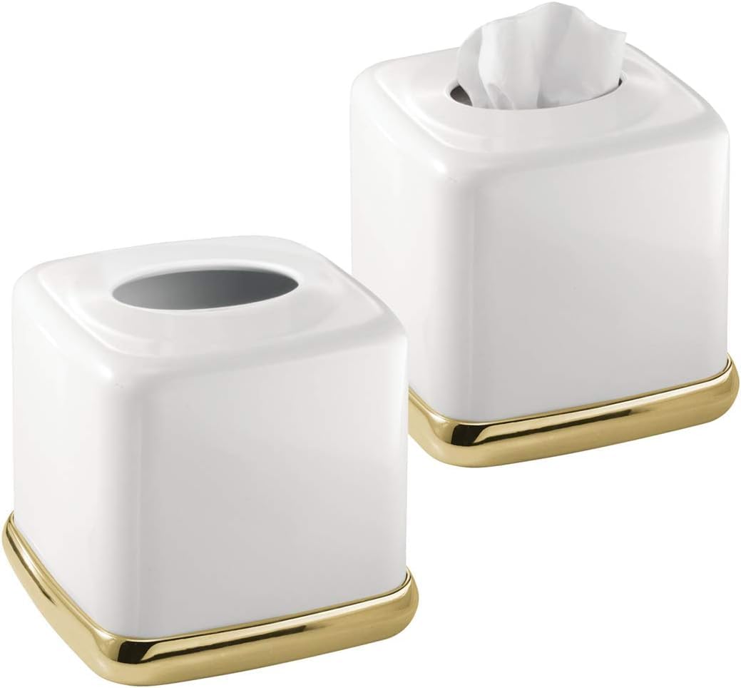 iDesign York Decorative Steel Tissue Box Cover - 5.5" x 5.5" x 5.5", White/Soft Brass
