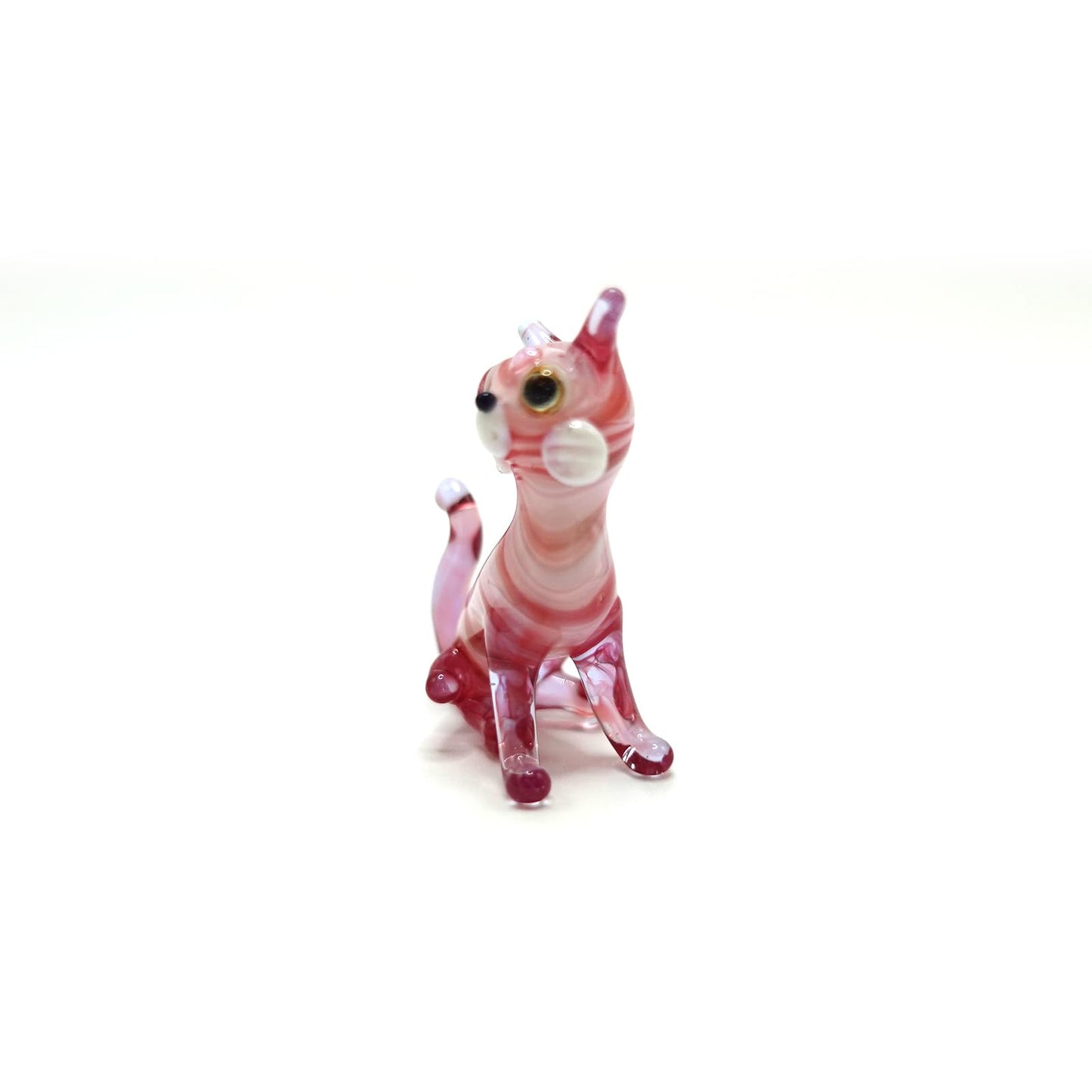Sansukjai Tiny Cat Miniature Glass Figurine – Handmade Blown Glass Animal – Cute Collectible Cat Sculpture – Fairy Garden Pet Décor Gift (Pink)