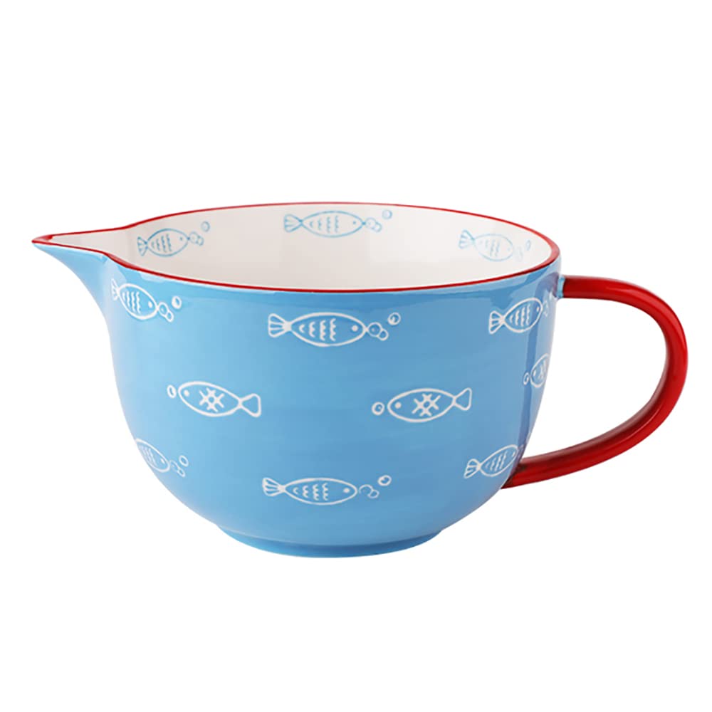 Gaolinci Blue Fish Pattern Kitchen Ceramic Mixing Bowl, 1 Quart Large Bowl, with Pouring Spout and Handle