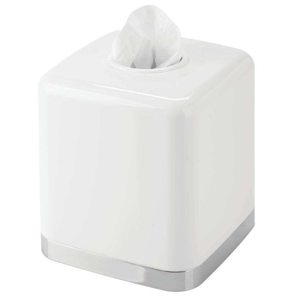 mDesign Plastic Square Disposable Facial Tissue Box Cover for Bathroom Vanity, Countertop, Bedroom Dresser, Night Stand, Office Desk, End Table, Hold Paper Tissues - Hyde Collection - White/Chrome