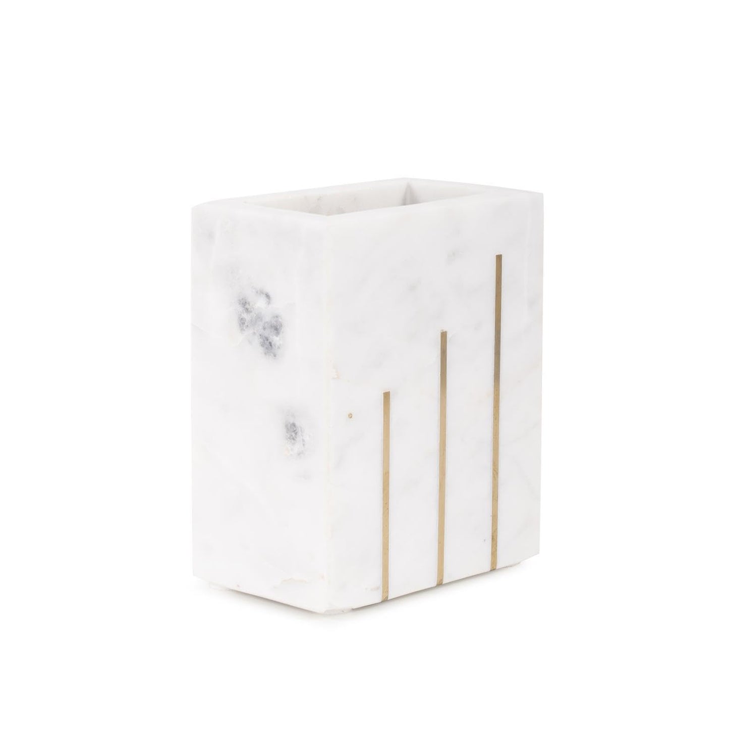 Howard Elliott Collection Brunner Marble Decorative Vase with Brass Inlay Accents, Rectangular Modern Flower Vase for Table, Shelf or Mantel Display, Water-Holding Design, 5x3x4 Inch, White Brass