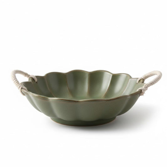 Amitofo 7.7inch Small Vintage Scalloped Ceramic Bowl with Rope Handles, Retro Style Glazed Purse Bowl for Serving Fruit,Salad,Table Centerpiece Decor (Green)