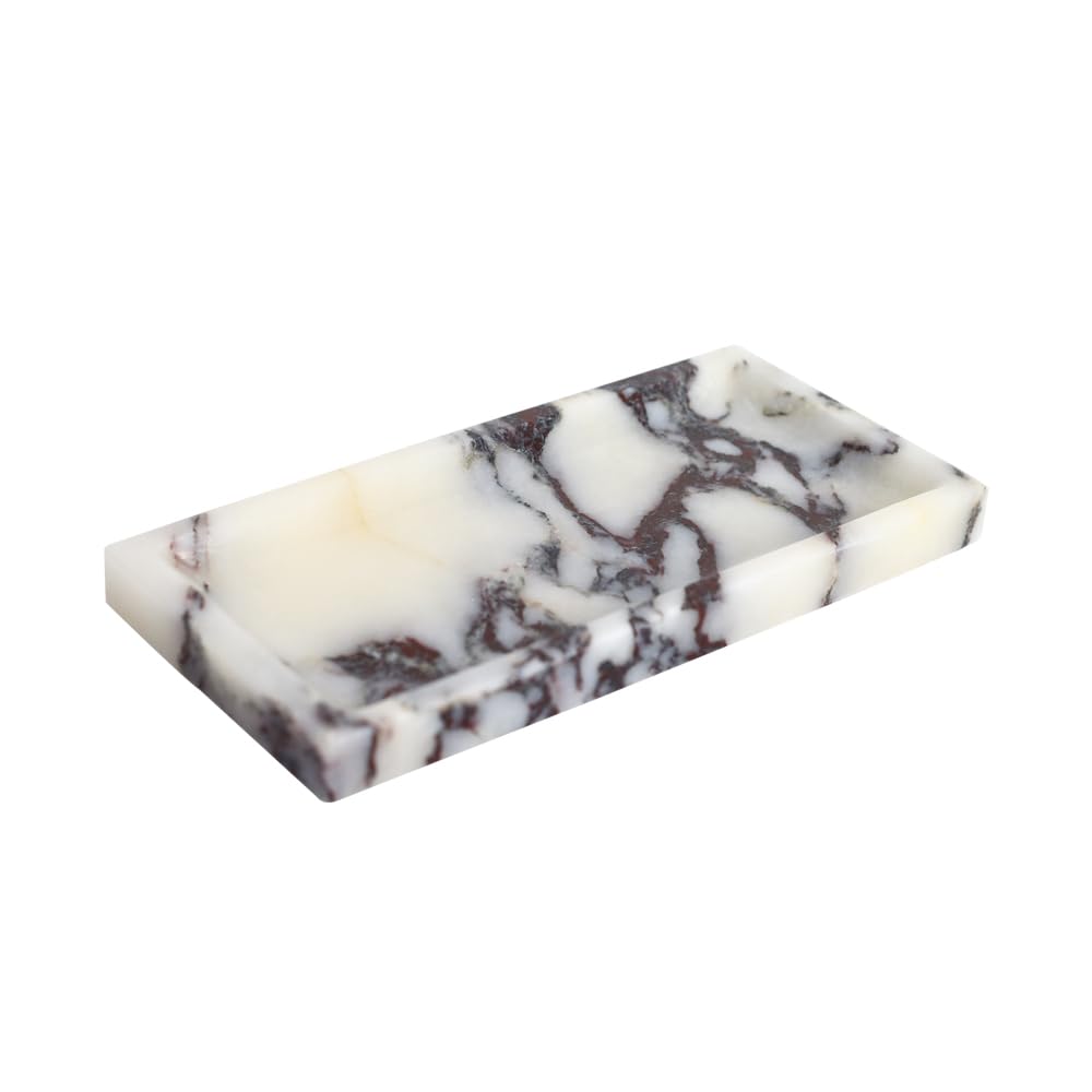 Small Marble Bathroom Tray, Real Marble Vanity Tray, Natural Stone Organizer for Countertop, Mini Marble Organizer for Jewelry Perfume Towel, Non-Resin Non-Ceramic (Calacatta Viola 7.9″ x 3.9″ x 0.7″)
