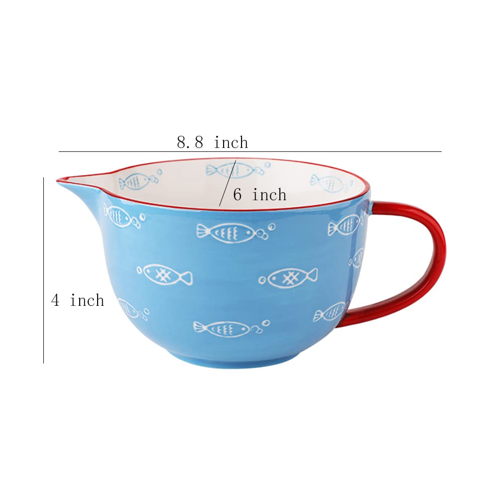 Gaolinci Blue Fish Pattern Kitchen Ceramic Mixing Bowl, 1 Quart Large Bowl, with Pouring Spout and Handle