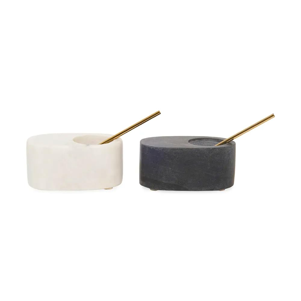 Cruiser’s Caché | Set of 2 Marble Salt Cellars with Gold Spoons | One Each White & Gray | For Gourmet Salts, Pepper, Spices & Seasonings | Large Oval