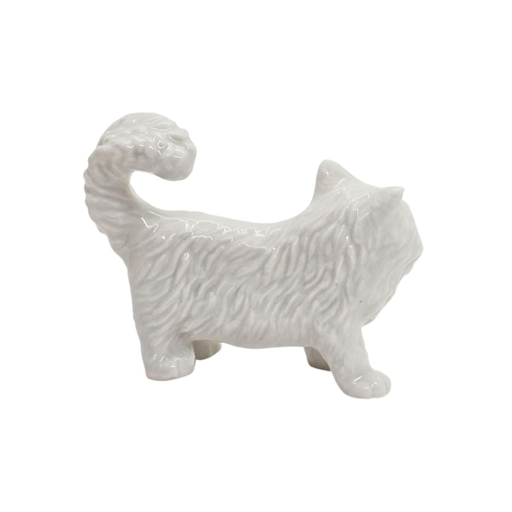 WitnyStore 2½" White Persian Longhair Cat Stand Look Left Ceramic Figurine Terrarium Decoration Collectible Statue for Adult Collectors Handcrafted Porcelain Sculpture Home Room Tabletop Decors