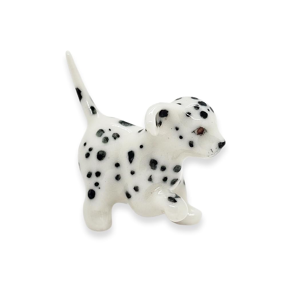 WitnyStore Tiny 1¼" White Black Spotted Walking Dalmatian Pup Dog Figurine - Miniature Hand Made Painted Ceramic Dogs Puppy Canine Animals Cute Porcelain Decorative Collectible Figures Décor Gifts