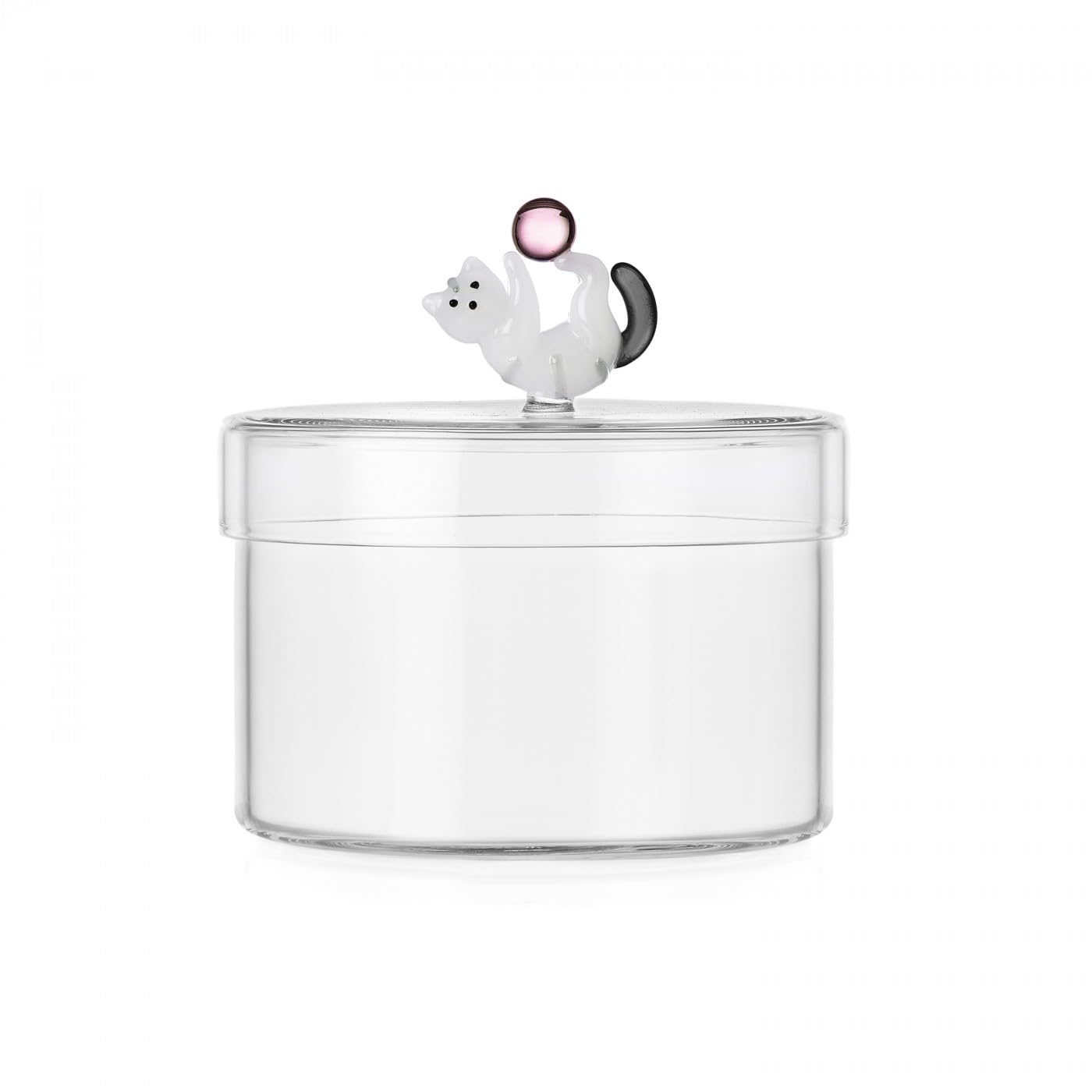 Ichendorf Tabby Cat Decorative Glass Storage Box with Pink Ball - Handmade Borosilicate Glass - 4.92 in H 5.12 in