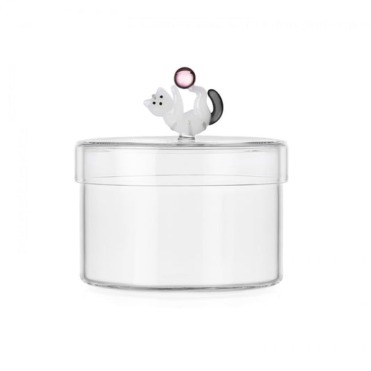 Ichendorf Tabby Cat Decorative Glass Storage Box with Pink Ball - Handmade Borosilicate Glass - 4.92 in H 5.12 in