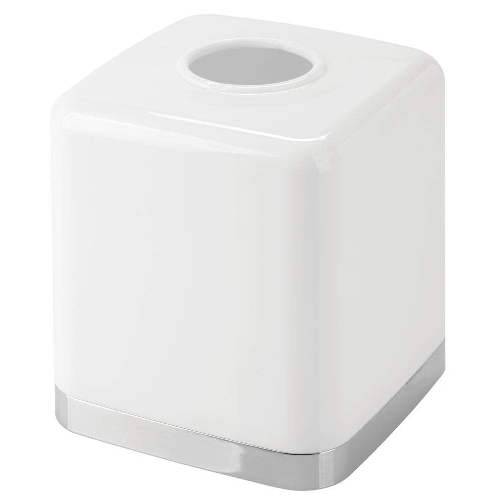 mDesign Plastic Square Disposable Facial Tissue Box Cover for Bathroom Vanity, Countertop, Bedroom Dresser, Night Stand, Office Desk, End Table, Hold Paper Tissues - Hyde Collection - White/Chrome