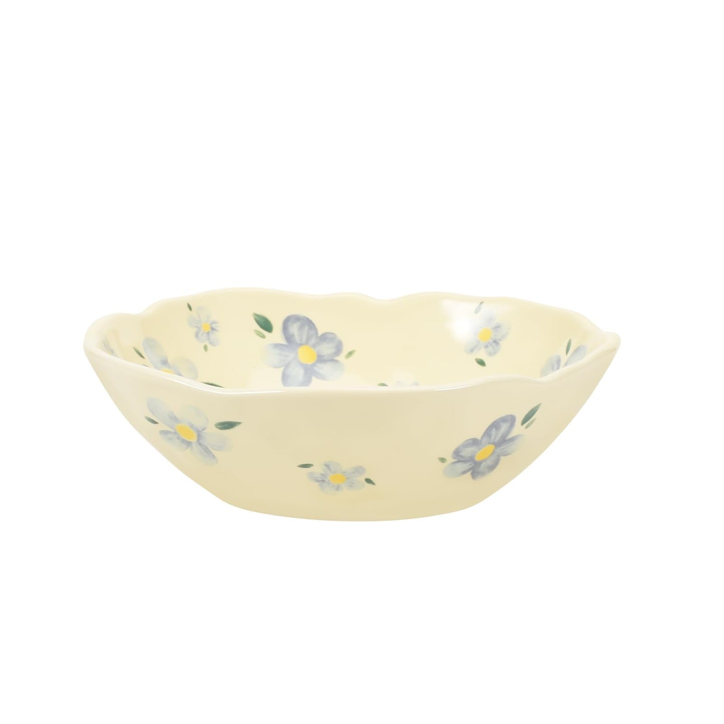 Koythin Salad Bowls, Cute Blue Flower Ceramic Candy Bowls, Cream Yellow Serving Bowl for Pasta, Cereal, Fruit, Soup, Rice, Dishwasher and Microwave Safe (Blue Flower Set of 1)