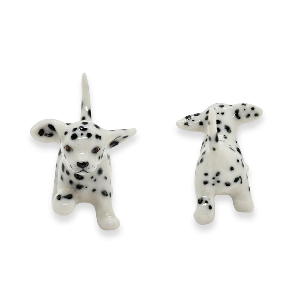 WitnyStore Tiny 1¼" White Black Spotted Walking Dalmatian Pup Dog Figurine - Miniature Hand Made Painted Ceramic Dogs Puppy Canine Animals Cute Porcelain Decorative Collectible Figures Décor Gifts
