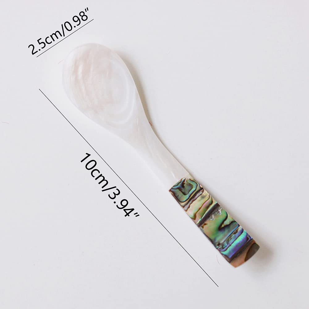 i-lan 6pcs White Mother of Pearl Spoons,Well Polished Inlaid Seashell MOP Teaspoons,Stirring Spoons Utensils with Green Decorative Pattern Handle for Caviar,Egg,Ice cream,Coffee Serving, 4 x 1 inch