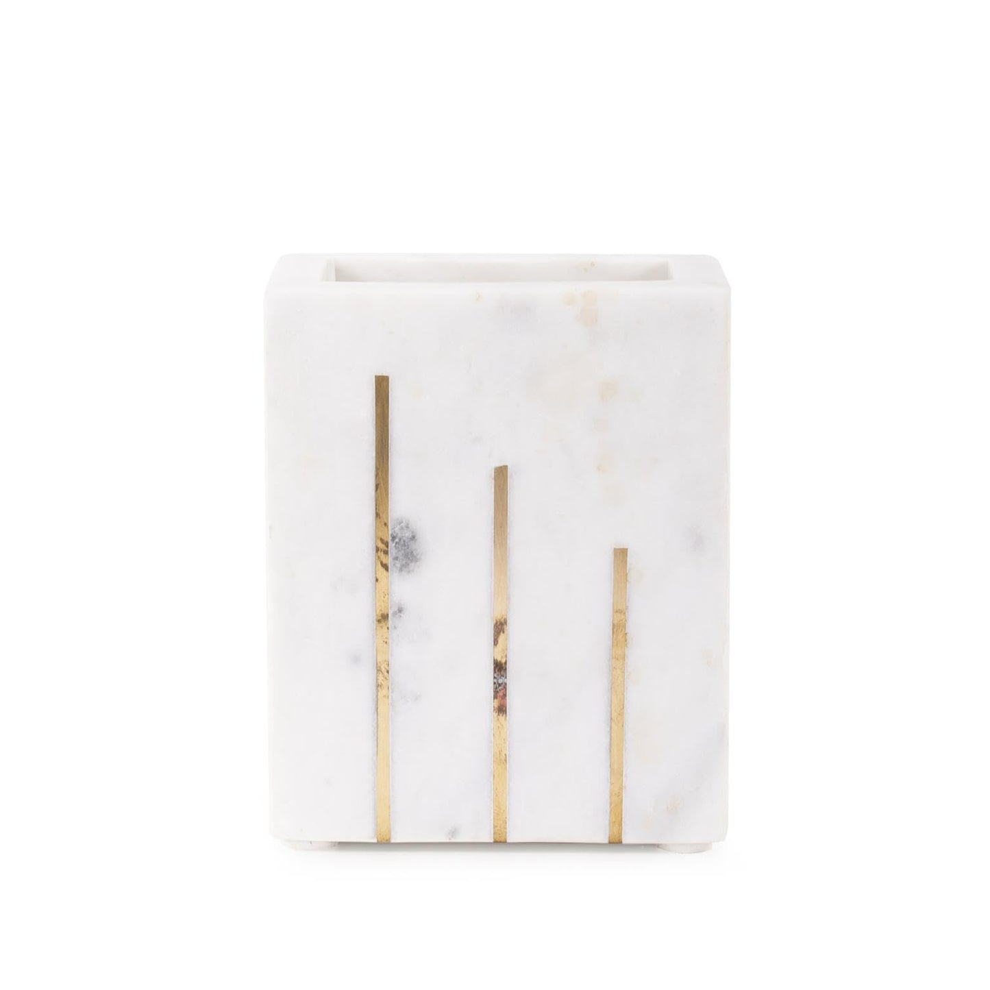 Howard Elliott Collection Brunner Marble Decorative Vase with Brass Inlay Accents, Rectangular Modern Flower Vase for Table, Shelf or Mantel Display, Water-Holding Design, 5x3x4 Inch, White Brass
