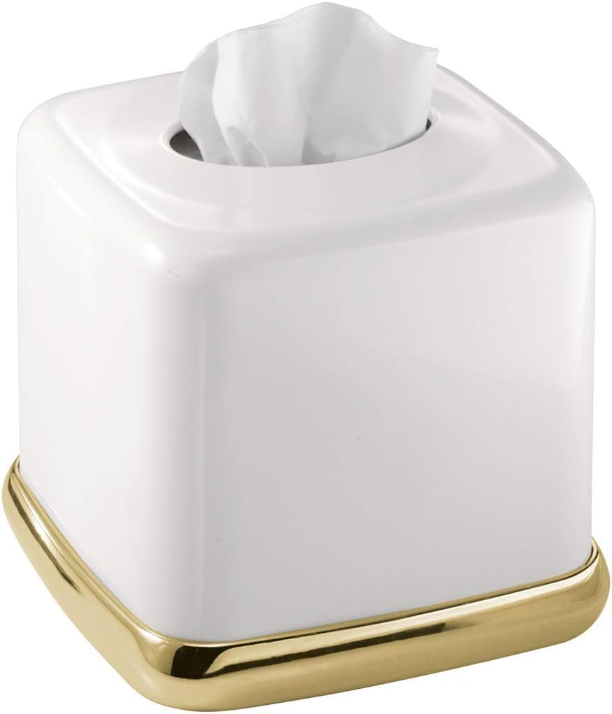 iDesign York Decorative Steel Tissue Box Cover - 5.5" x 5.5" x 5.5", White/Soft Brass