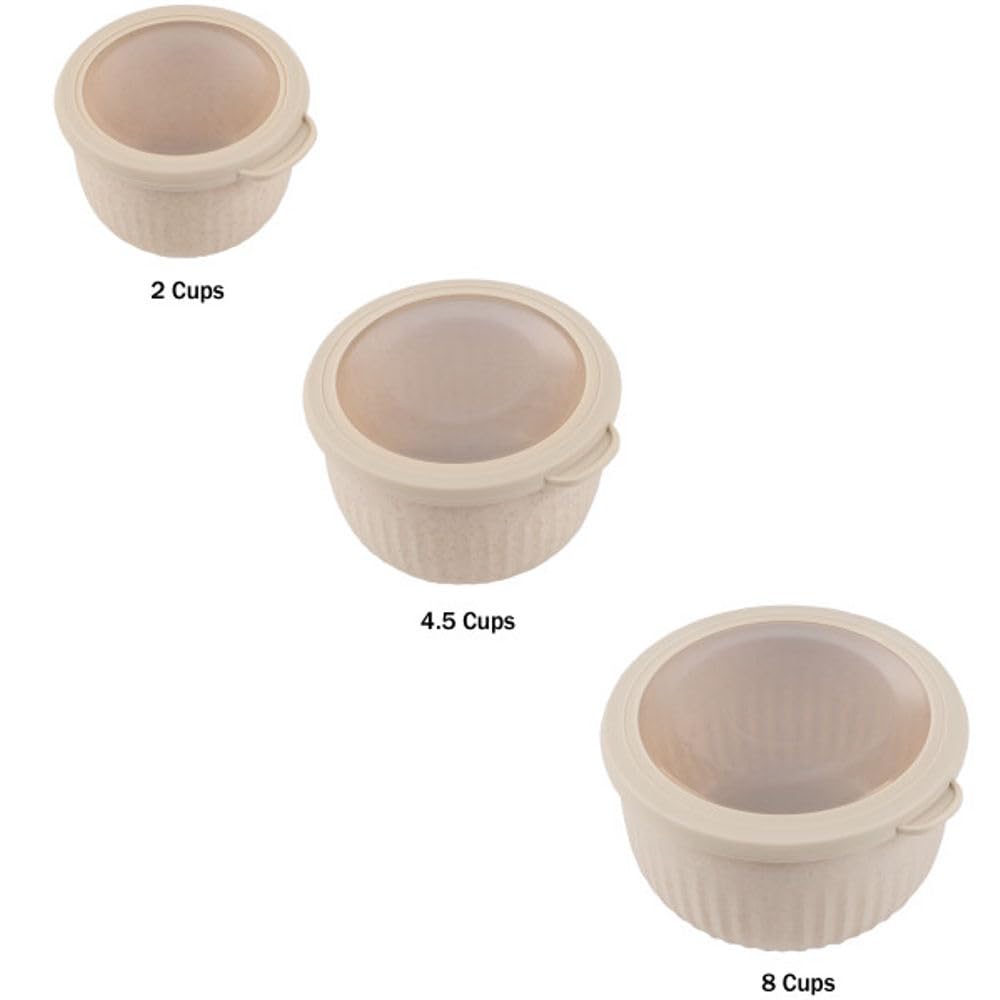 Set of 3 Bowls with Lids - Microwave, Freezer, and Fridge Safe Nesting Mixing Bowls - Eco-Conscious Kitchen Essentials by Classic Cuisine (Beige), S, M, L