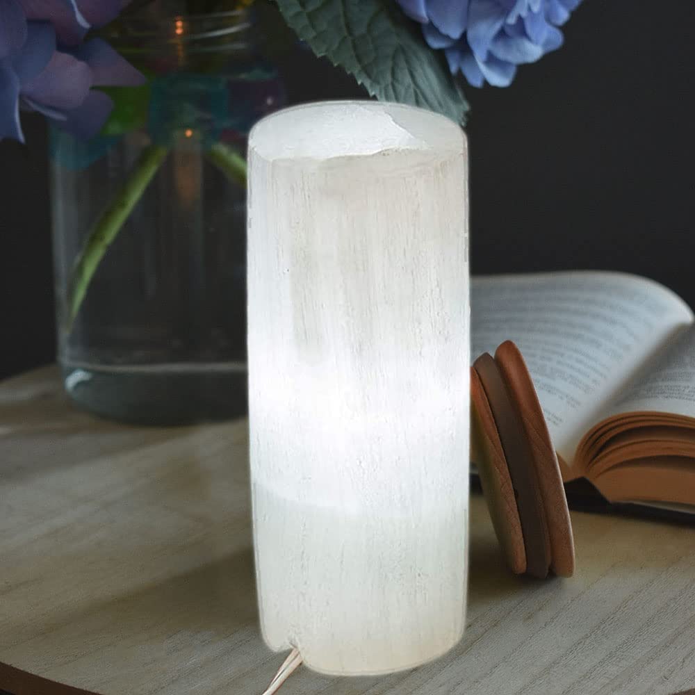 JIC Gem Natural Selenite Crystal Lamp Large Moroccan White Column 8" 4-6 LBS