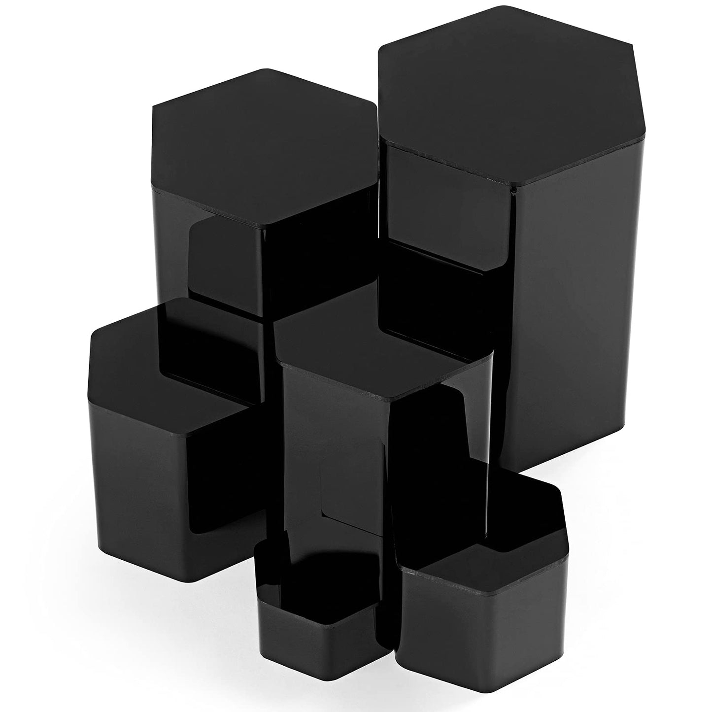 Jetec 6 Pcs Hexagonal Jewelry Display Risers Hexagonal Market Display Risers Stands Acrylic Showcase Acrylic Stand for Jewelry Model Figures Decoration, 6 Sizes (Black)