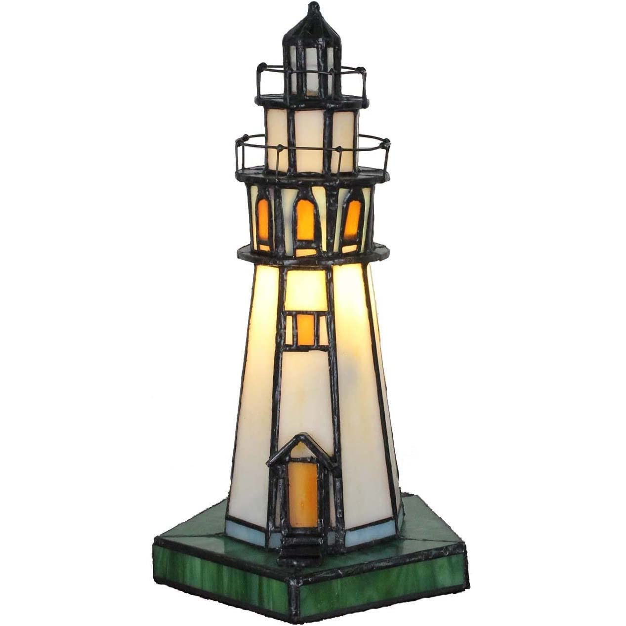 Bieye L10221 Lighthouse 10 inch Tiffany Style Stained Glass Accent Table Lamp for Home Decor