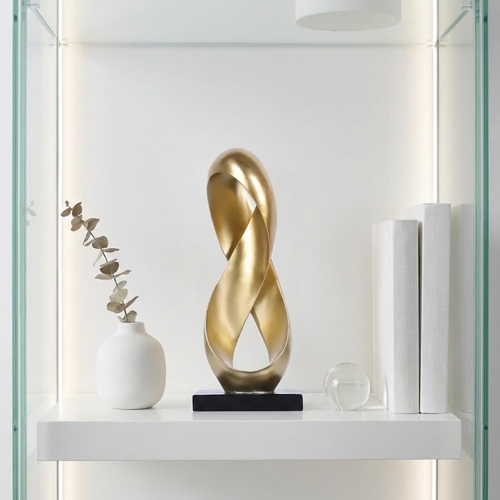 XIYOUQI Large Gold Knot Decor Statue 14.6in Tall, Resin Geometric Tabletop Sculpture for Coffee Table, Gold Statue Decor for Shelves Mantel, Modern Decorative Object Home Accent