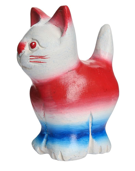 DUONGJAIS BRAND Hand Carved Wooden Cat Figurine, Handmade Cat Statue, Rustic Farmhouse Home Decor, Wooden Animal Sculpture, Unique Gift for Cat Lovers (Vingtage White/Red/Blue Cat)