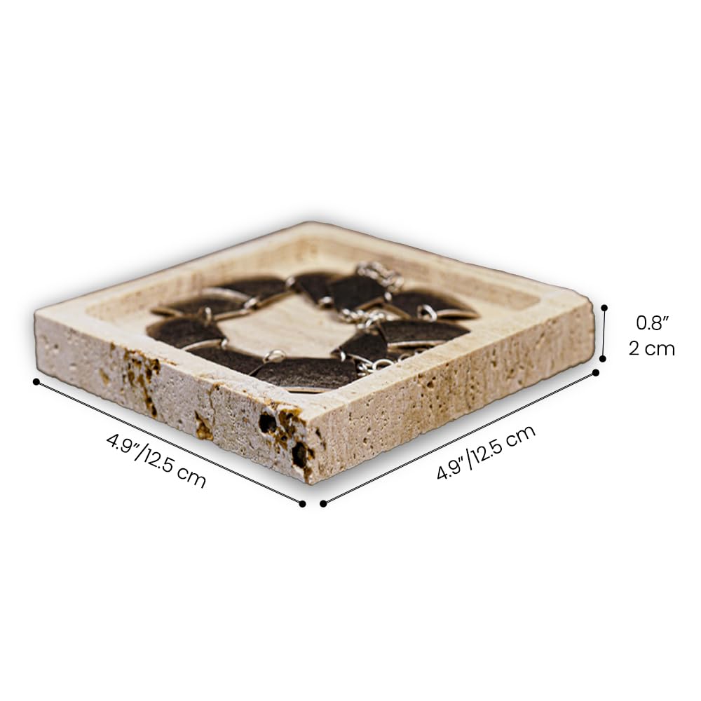 noadre Natural Travertine Marble Square Jewelry Tray, 4.9" – Decorative Stone Accessory Dish for Rings, Earrings, Necklaces, Perfume and Keys, Gift for Women (Travertine)