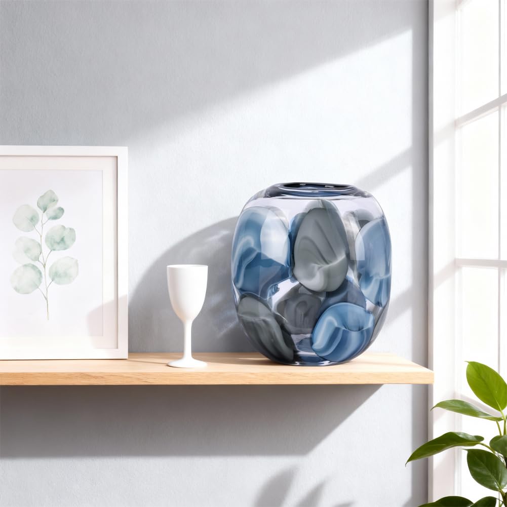 Hand Blown Blue Glass Vase, 8.5 in Round Wide Mouth Blue Gray Vase, Decorative Glass Vase for Flowers, Coastal Home Decor Centerpiece for Table, Shelf, Entryway, in The Bathroom, or Living Room