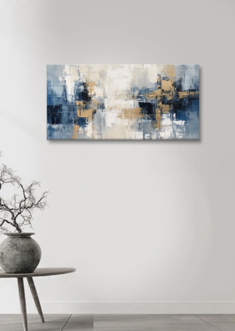 Blue and Gold Abstract Canvas Print Painting Indigo Modern Wall Art for Living Room Bedroom Home Office Decor
