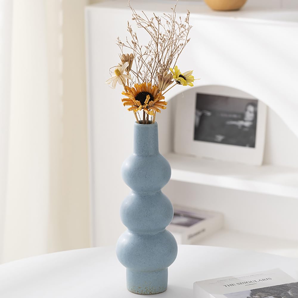 Tmtior 11" Matte Blue Ceramic Vase, Textured Bubble Stacked Ball Flower Vase for Modern Nordic Home Decor, Geometric Porcelain Vases for Bookshelf, Coffee Table, Mantel, Boho Aesthetic Gift